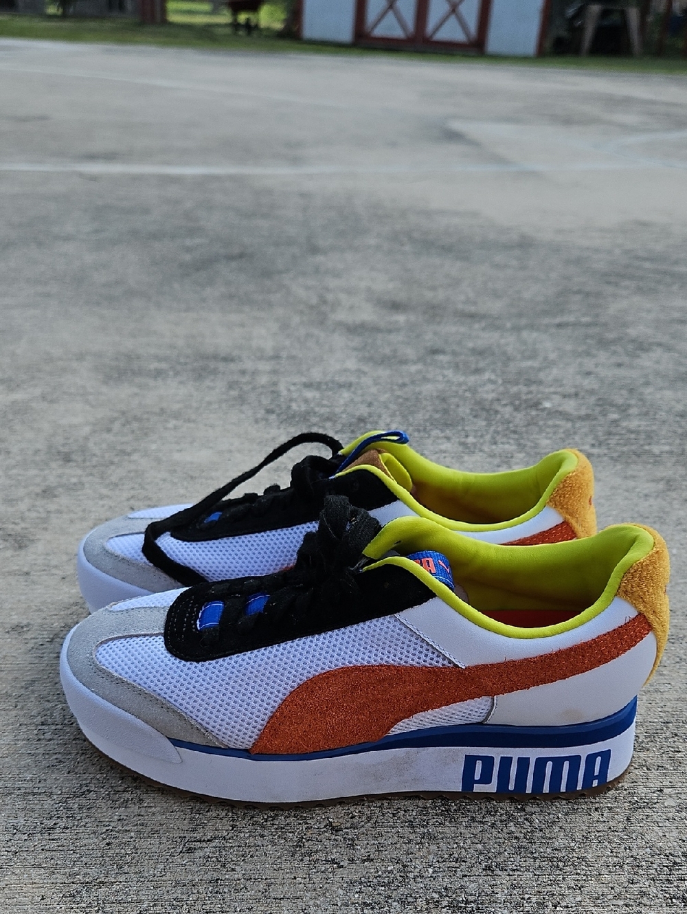 Puma Roma Armour White, Orange & Neon Yellow Low-Top Sneakers